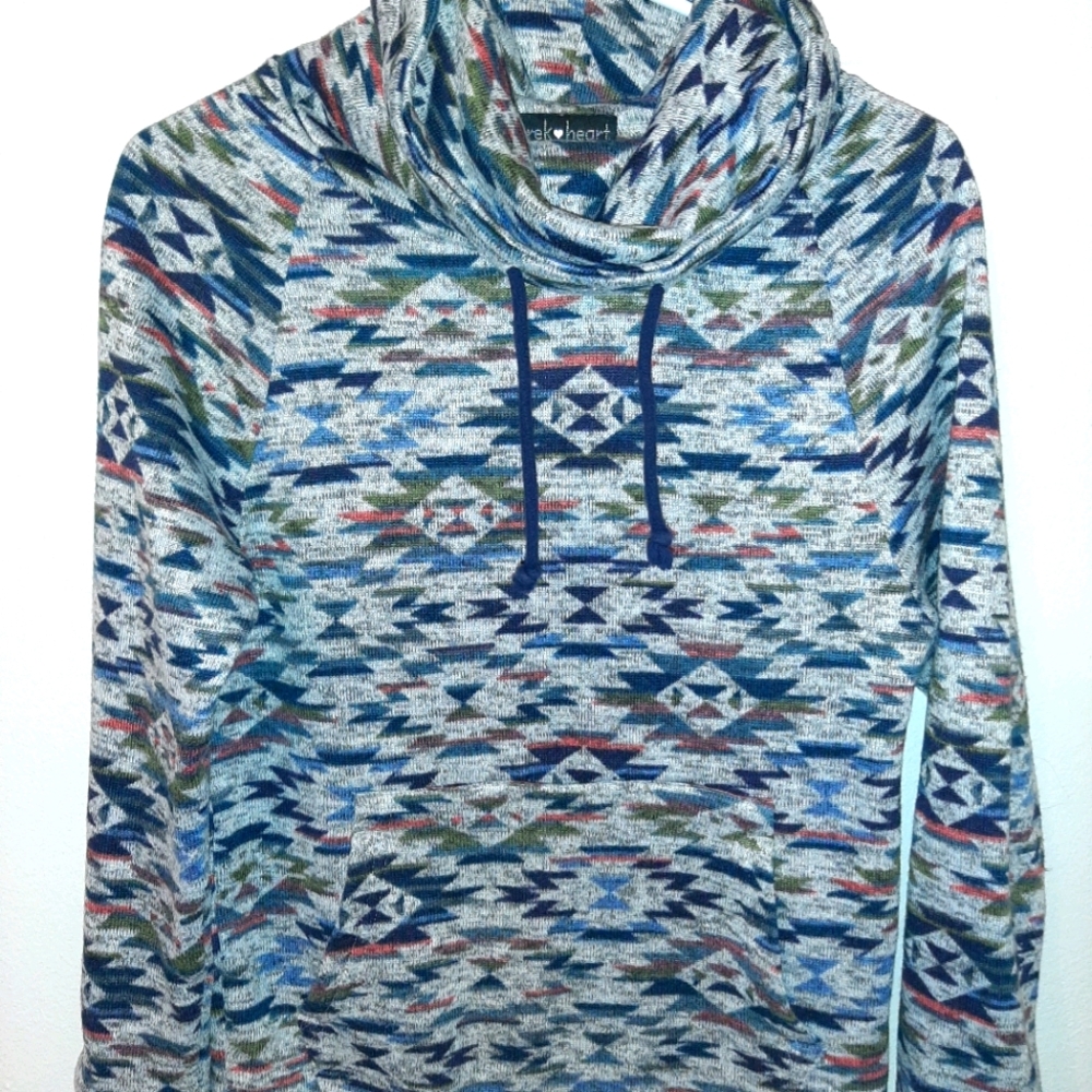 High neck aztec sweater with front pocket
